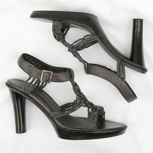 CALVIN KLEIN Brown Crochet Leather Wood Heels Sz10 - Picture 5 of 8